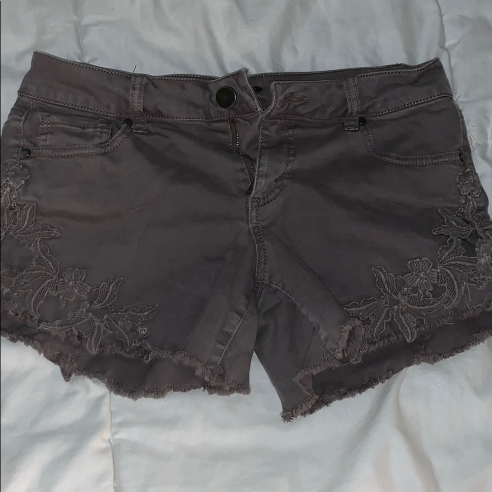 Grey Jeans Shorts Floral Design